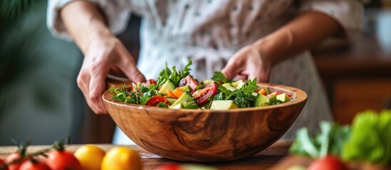 Woman tossing salad in wooden bowl. - obrazy, fototapety, plakaty