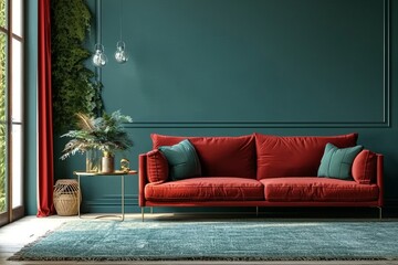 Home interior with red sofa, table and decor in green living room, 3d render. generative ai.