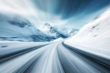 A dynamically blurred road with a sense of speed under the snowy mountains. 