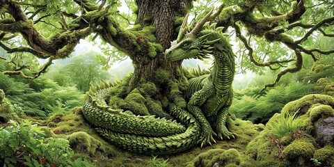 Mystical forest with tree shaped like a dragon