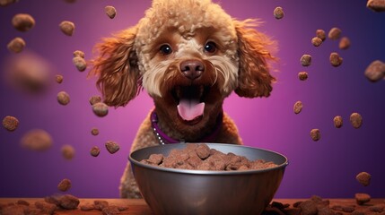 A happy Poodle puppy is eating from a bowl on violet background. he smiles and looks at the camera, food flies around the puppy, a banner with a empty space for the text.