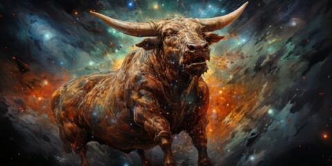 Charging Bull with Starfield | Celestial Taurus Illustration - obrazy, fototapety, plakaty