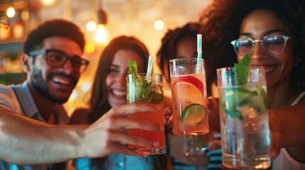Multiracial friends enjoying happy hour toasting fresh mojito cocktails at open bar - Happy group of young people celebrating summer party together - Life style food and beverage concept