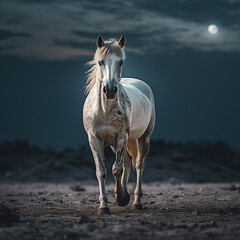 horse stand on a beach, reflecting glitter texture, calm sea in background, Frontal position, front spotlight isolated from dark