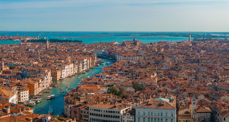 Aerial View of Venice near Saint Mark's Square, Rialto bridge and narrow canals. Beautiful Venice...