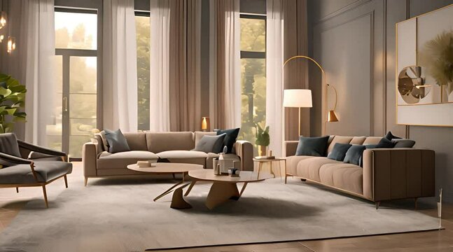 Interior of modern living room with sofa armchair coffee table and floor lamp home design 3d animation rendering