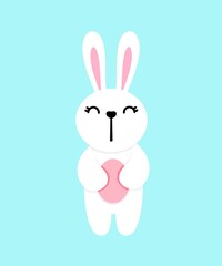 White rabbit with an egg in his hands on a blue background