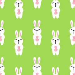 White rabbit holding an egg in his hands on a green background repeating pattern