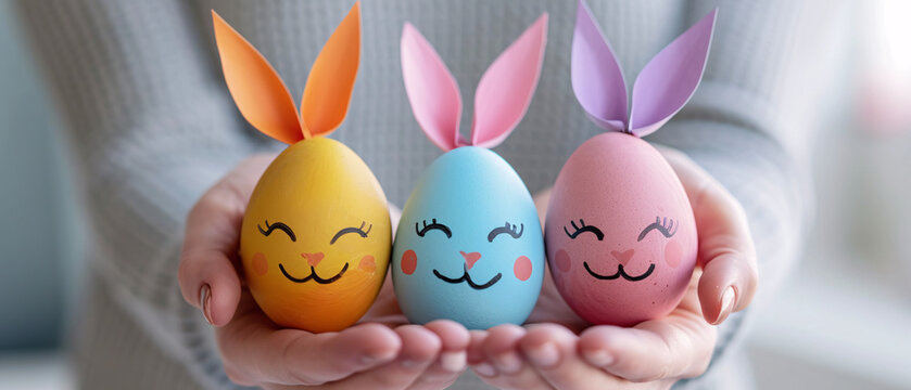 Bunt bemalte l&auml;chelnde Ostereier Hasen in H&auml;nden gehalten