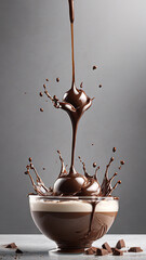 big drop of liquid Chocolate in a glass bowl filled with cream and chocolate