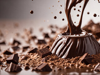 hot melted chocolate dripping on a powered choco in a white background