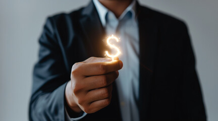 Close-up of a business man hand holding a dollar sign light on white background - Powered by Adobe