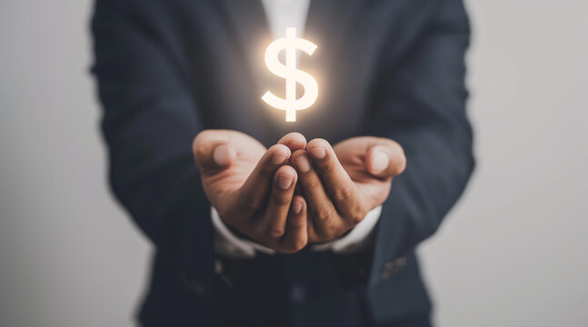 Close-up of a business man hand holding a dollar sign light on white background