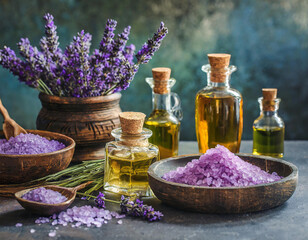 Obraz na płótnie Canvas Lavender essential oils and spa products arranged on a table