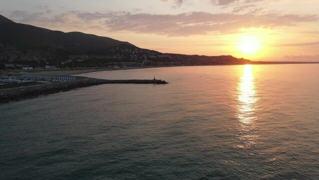 Dawn's First Light at Maritime Port of Ginesta, Barcelona - Drone View