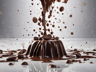 Melted chocolate pouring on a chocolate pudden