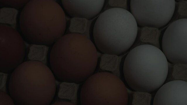 video of egg carton with white eggs and brown eggs. Food concept.