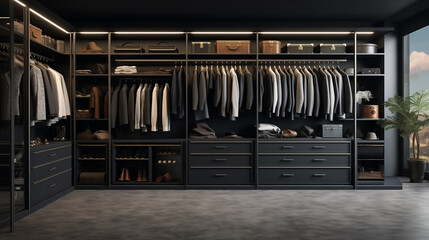 Interior of closet with charcoal grey walls, black shelving, and a collection of garments.