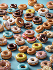 Variety of flavored donut lined up creatively on a blue platform