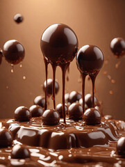 3d dripping chocolate ball falling into a puddle of thick chocolate solution
