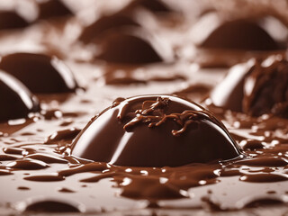 3d chocolate ball half way in a thick chocolate solution