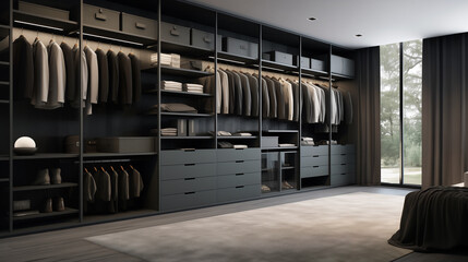Contemporary closet featuring black shelving against charcoal grey walls, filled with clothes