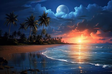 Tropical sea beach at sunset with palm trees and full moon. 3d illustration. Silhouette of palm trees and beautiful sunset on the tropical sea beach background. traveling concept.