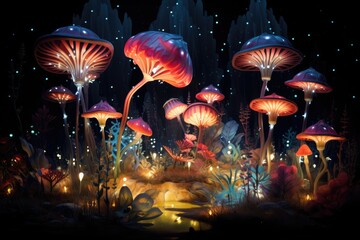Fantasy magic mushrooms in the night forest. Fantasy Magical Mushrooms in enchanted Fairy Tale dreamy forest. Magical mushroom in fantasy enchanted fairy tale forest.