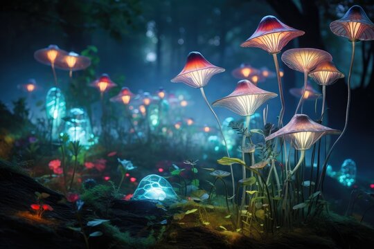 Fantasy mushrooms in a magical forest at night. Magical mushroom in fantasy enchanted fairy tale forest with lots of brightness and lighting. Fantasy mushroom wallpaper.