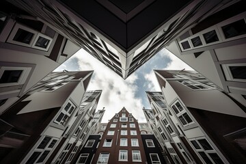 Modern architecture in the city of Amsterdam, Netherlands. Urban landscape. worm's eye view. old town. classic homes.