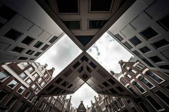 View of the modern architecture of Amsterdam. worm's eye view. Abstract building background.  urban cityscape.