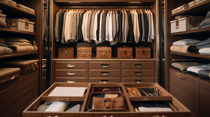 Wardrobe room with wooden walls and shelves, providing elegant storage solution for attire
