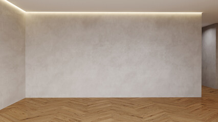 Empty room for mood board and furniture. Gray beige wall taupe concrete or cement plaster microcement texture. Wood floor herringbone. Mockup for interior design in minimal modern style. 3d rendering - obrazy, fototapety, plakaty