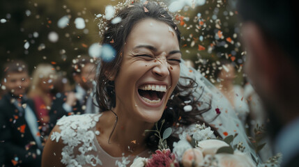 Obraz na płótnie Canvas Candid photo of a young bride getting married on her wedding day, smiling with petal confetti. Wedding ceremony closeup. AI generated