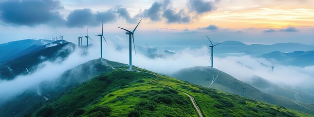a wind turbine standing in a beautiful green landscape. evevated aerial view, green energy