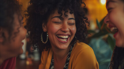 Happy group of diverse female friends of different races and ethnicities laughing in a cafe. AI generated - obrazy, fototapety, plakaty