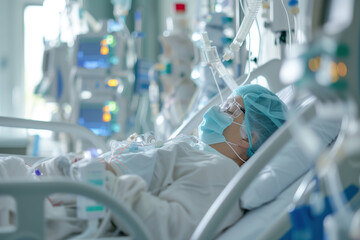 In intensive care unit ICU hospital , patient is in comatose during intensive care AI Generative