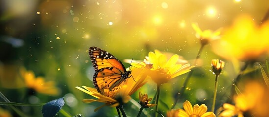 The beautiful yellow flowers attract butterflies, surrounded by green nature and shining under the open sky.