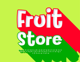 Vector business advertisement Fruit Store. Set of bright Alphabet Letters and Numbers. 3D Font with Big Shadow.