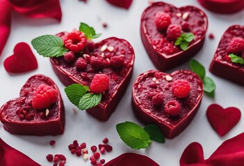  red raw food vegan dried raspberries dessert concept heart top healthy rose mint cakes delicious...