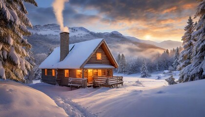 Wooden house in the winter forest.