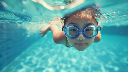 Naklejka premium Asian child backstroking in the deep pool.Active kid swimming during competition. Sports activity. Girl wearing goggles in blue water.Fun leisure activity
