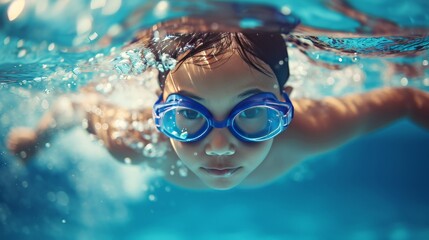 Naklejka premium Asian child backstroking in the deep pool.Active kid swimming during competition. Sports activity. Girl wearing goggles in blue water.Fun leisure activity