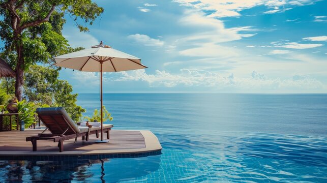 Beautiful landscape of sea ocean on sky with umbrella and chair around luxury outdoor swimming pool in hotel resort for leisure travel and vacation