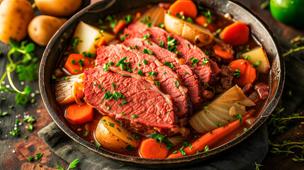Traditional Corned Beef And Cabbage With Potatoes And Carrots Garnished With Parsley - obrazy, fototapety, plakaty