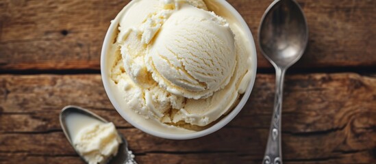 Vanilla ice cream in cup with spoon and scooper on wood table.
