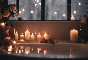 Valentine's Day evening engagement ring celebration bathroom beautiful burning candles Interior