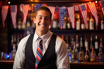 Portrait of smiling bartender standing at bar counter in barbershop