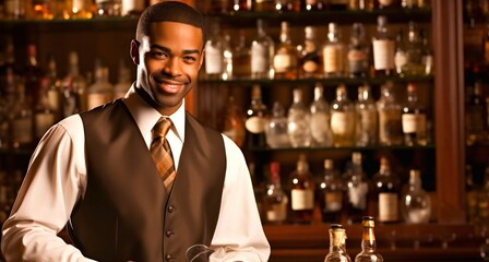 Portrait of handsome african american bartender standing at bar counter