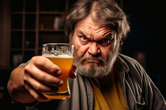 Senior man drinking beer at home. Alcohol addiction and alcoholism concept.